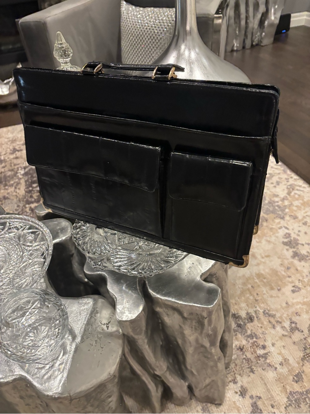 Vintage 1980s era genuine, eel, skin, black briefcase, handbag, museum quality